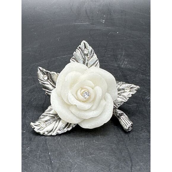 Unique Pewter and Carved White Stone Rose with Crystal Center Sculpture 2 Inch - Picture 1 of 6